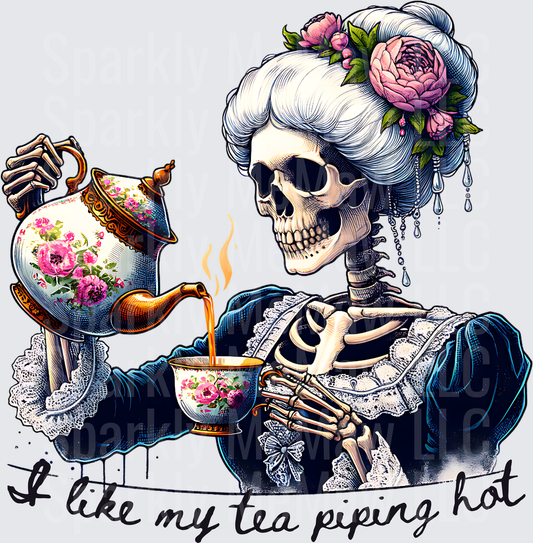 Victorian Skeleton Lady Drinking Tea I Like My Tea Piping Hot UV DTF Decal