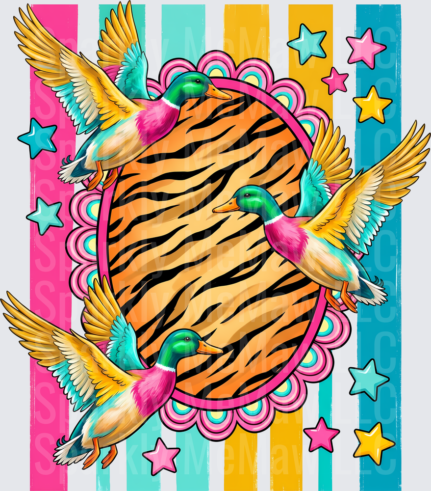 Colorful Flying Ducks with Tiger Print Mirror and Rainbow Stars UV DTF Decal