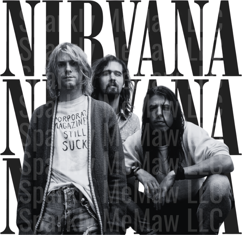 Nirvana Band Black and White Photo with Repeated Logo Text UV DTF Decal