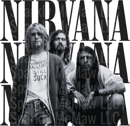 Nirvana Band Black and White Photo with Repeated Logo Text UV DTF Decal