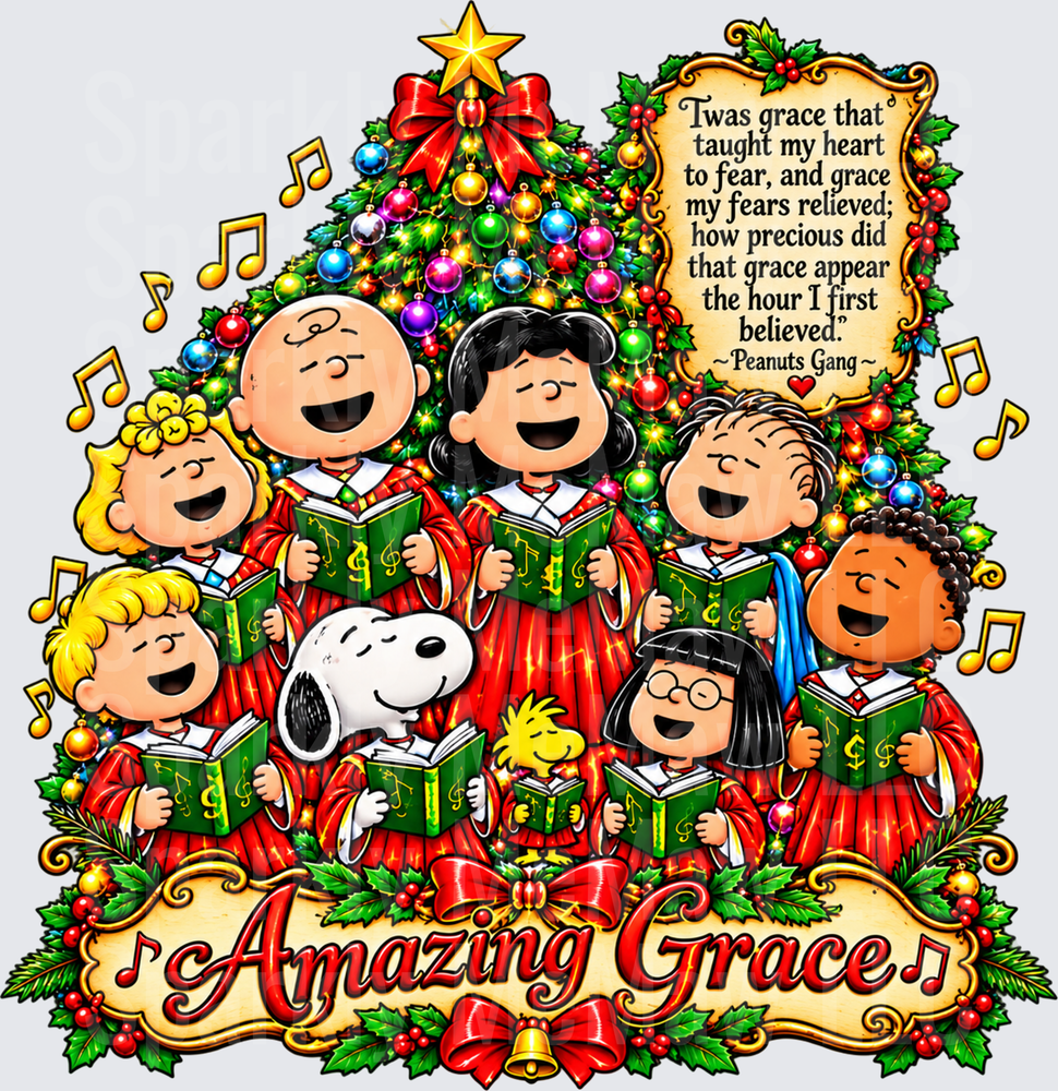 Peanuts Gang Amazing Grace Christmas this is a UV DTF DECAL (HARD SMOOTH SURFACE)