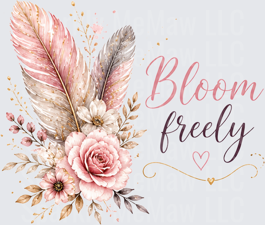 Bloom Freely Watercolor Feathers and Pink Roses Floral Design UV DTF Decal