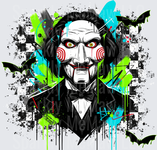 Billy the Puppet Jigsaw Horror Graffiti with Bats UV DTF Decal