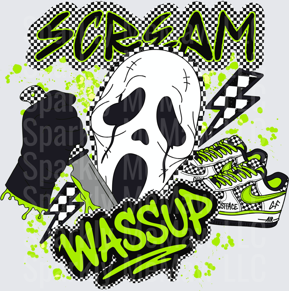 Scream Movie Ghostface Mask with Knife and Sneakers Wassup Slang Design UV DTF Decal