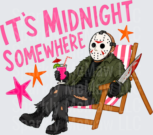 Jason Voorhees Relaxing in Beach Chair with Cocktail and Bloody Machete It's Midnight Somewhere DTF Transfer for fabrics
