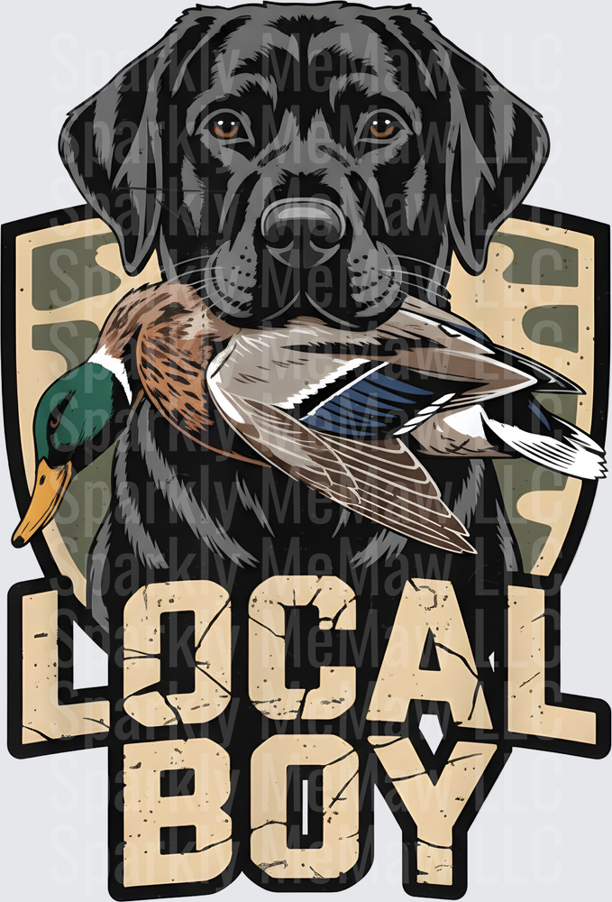 Black Lab Duck Hunting Local Boy Camo Shield DTF Transfer