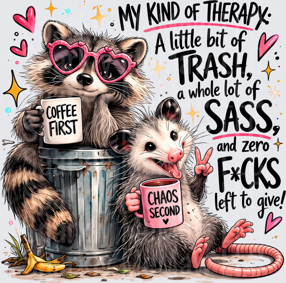 My Kind of Therapy Trash Panda and Opossum Coffee Chaos DTF Transfer