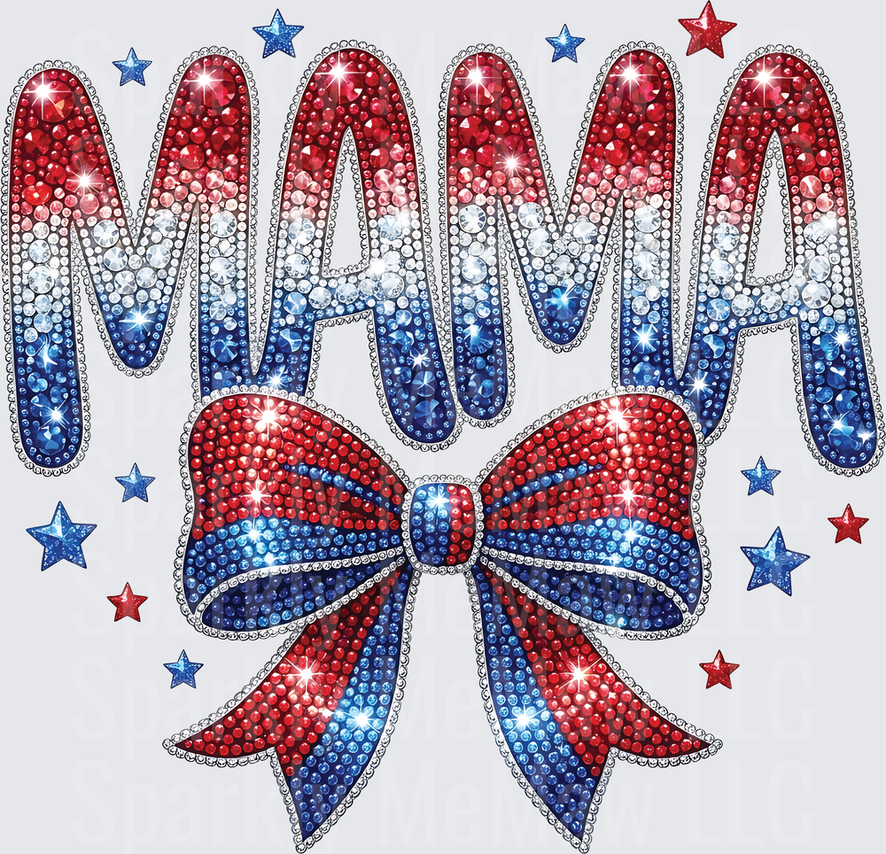 Patriotic Rhinestone MAMA with Red White Blue Bow and Stars UV DTF Decal