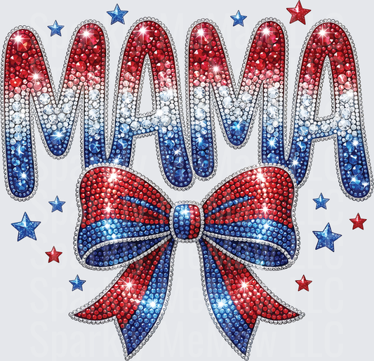 Patriotic Rhinestone MAMA with Red White Blue Bow and Stars UV DTF Decal