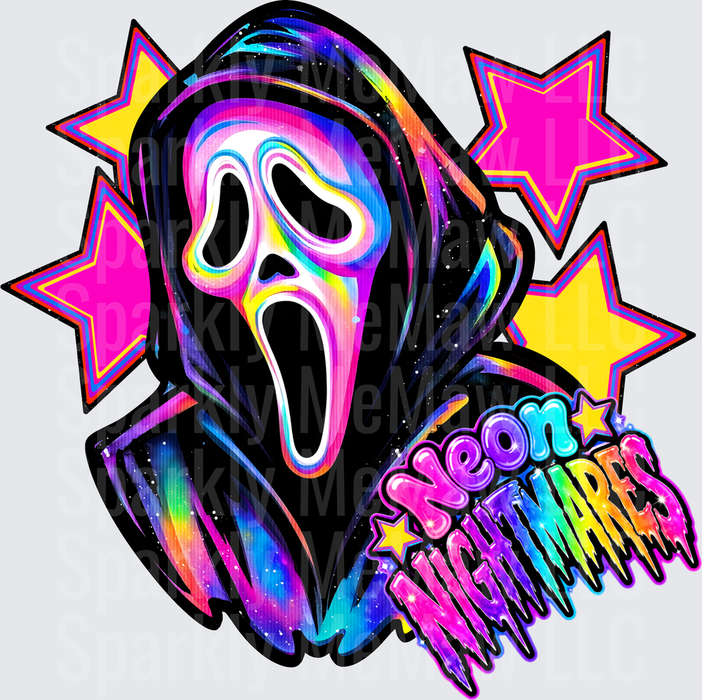 Neon Nightmares Rainbow Ghostface Scream Mask with Colorful Stars DTF Transfer for Fabric