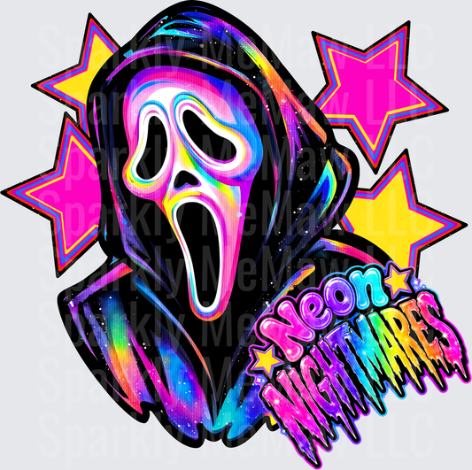 Neon Nightmares Rainbow Ghostface Scream Mask with Colorful Stars DTF Transfer for Fabric