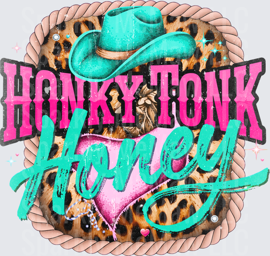 Honky Tonk Honey Teal Cowboy Hat Leopard Print Rope Border UV DTF Decal