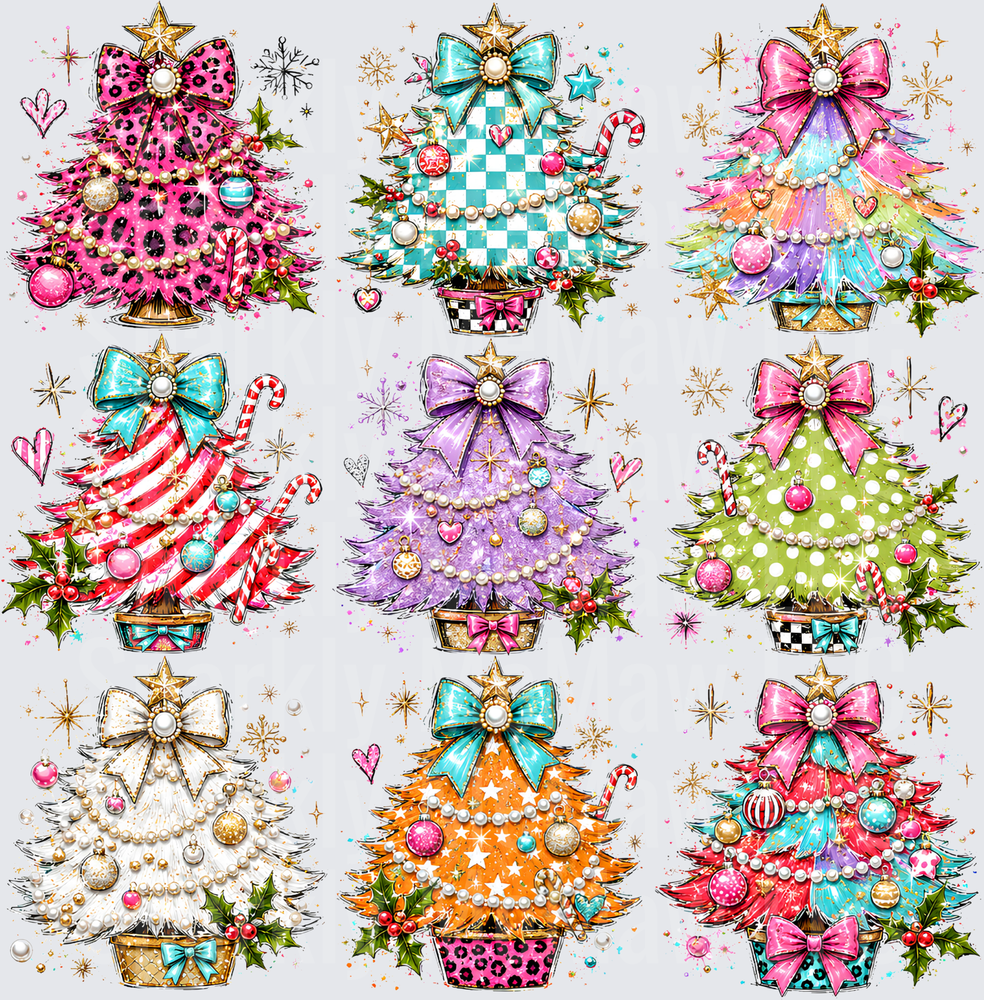 9-Pack Glam Christmas Trees with Bows Pearl Garlands and Festive Ornaments DTF Transfer for Fabrics