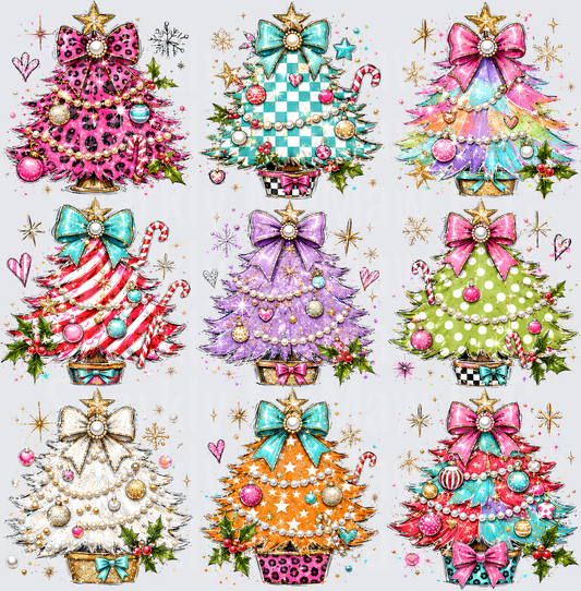9-Pack Glam Christmas Trees with Bows Pearl Garlands and Festive Ornaments DTF Transfer for Fabrics