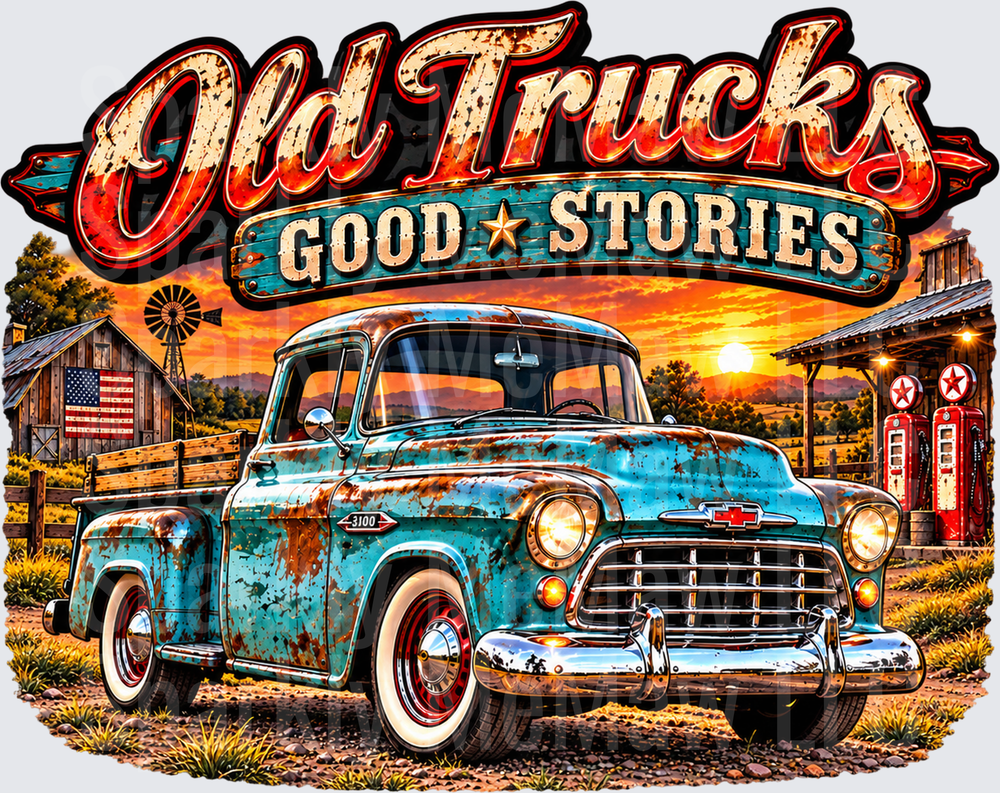 Old Trucks Good Stories UV DTF DECAL (HARD SMOOTH SURFACE)
