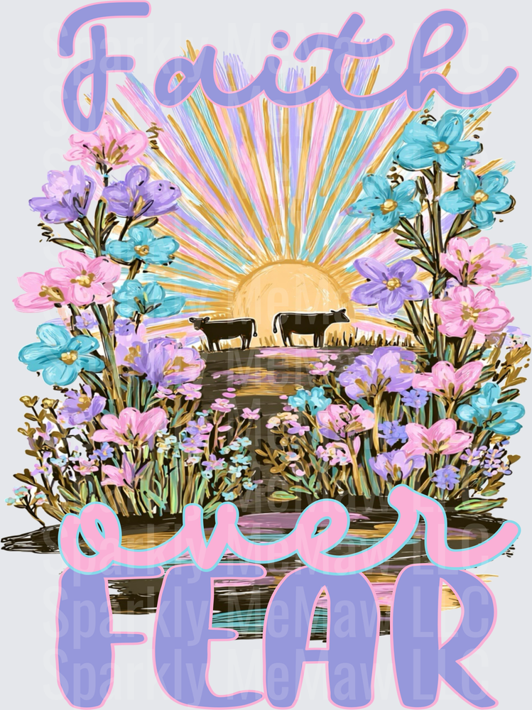 Faith Over Fear Cow Sunrise Wildflower Boho Floral Design DTF Transfer (fabrics)