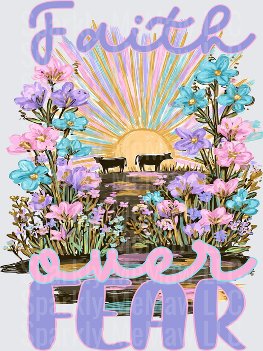 Faith Over Fear Cow Sunrise Wildflower Boho Floral Design DTF Transfer (fabrics)