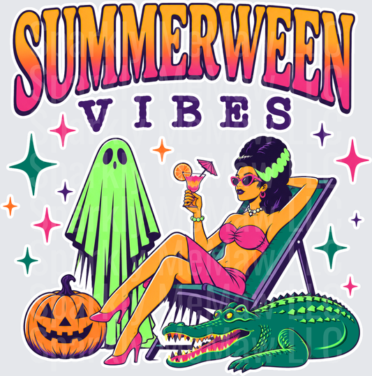 Summerween Vibes Retro Halloween Pin-Up Girl with Ghost Alligator and Jack-o-Lantern DTF Transfer