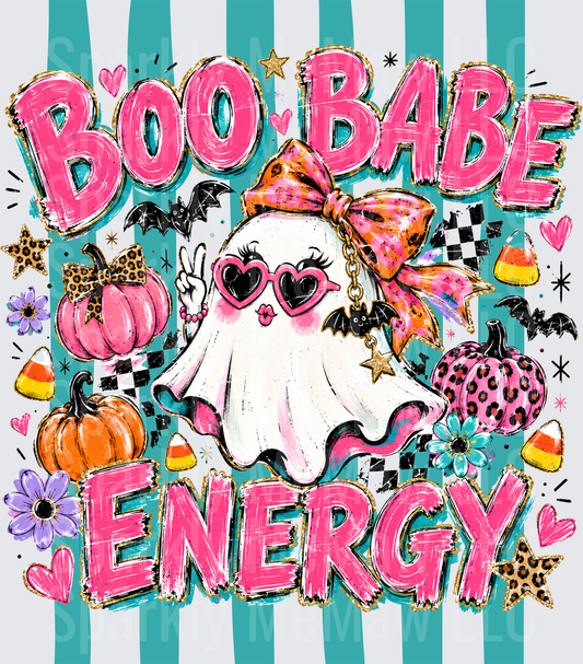 Boo Babe Energy Retro Halloween Ghost with Heart Sunglasses Pumpkins and Bats UV DTF Decal