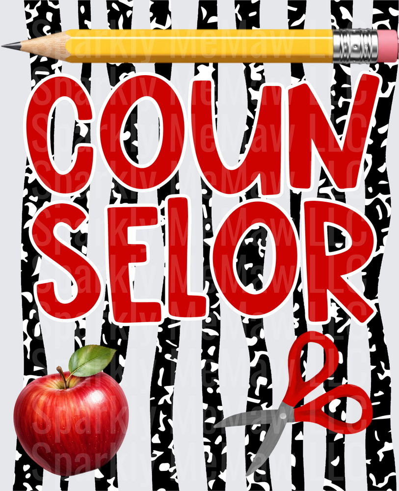 School Counselor DTF Transfer with Pencil Apple and Scissors Black White Pattern