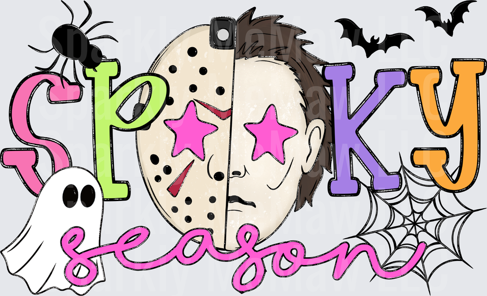 Spooky Season Halloween Design with Jason Voorhees Hockey Mask Ghost Spider Web and Bats UV DTF Decal