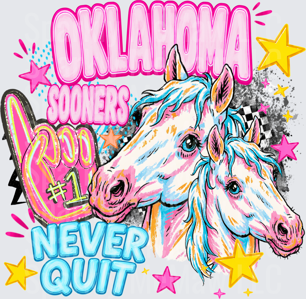 Oklahoma Sooners Never Quit Colorful Horses with Stars UV DTF Decal