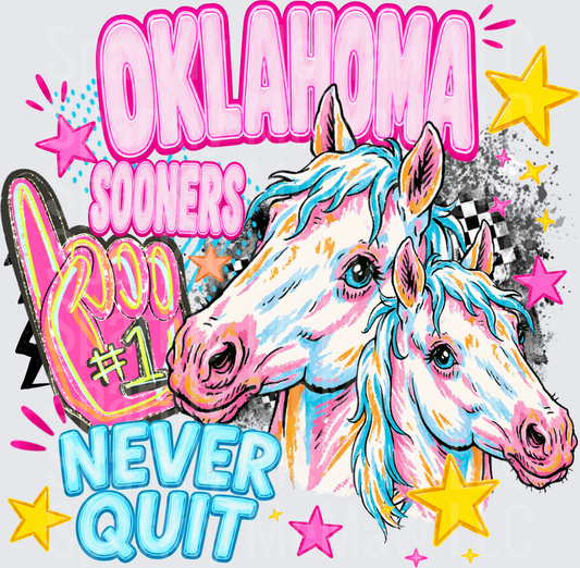 Oklahoma Sooners Never Quit Colorful Horses with Stars UV DTF Decal