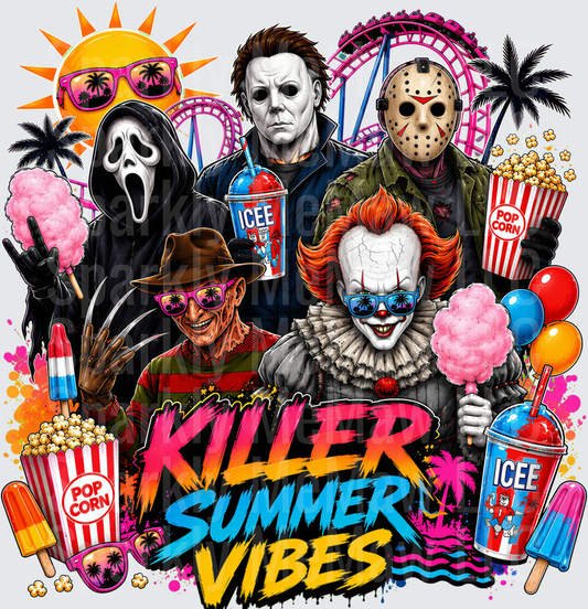 Killer Summer Vibes Horror Icons Ghostface Michael Myers Jason Voorhees Freddy Krueger Pennywise Amusement Park DTF Transfer for Fabrics
