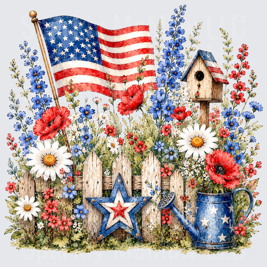 Patriotic Wildflower Garden with American Flag and Birdhouse UV DTF Decal
