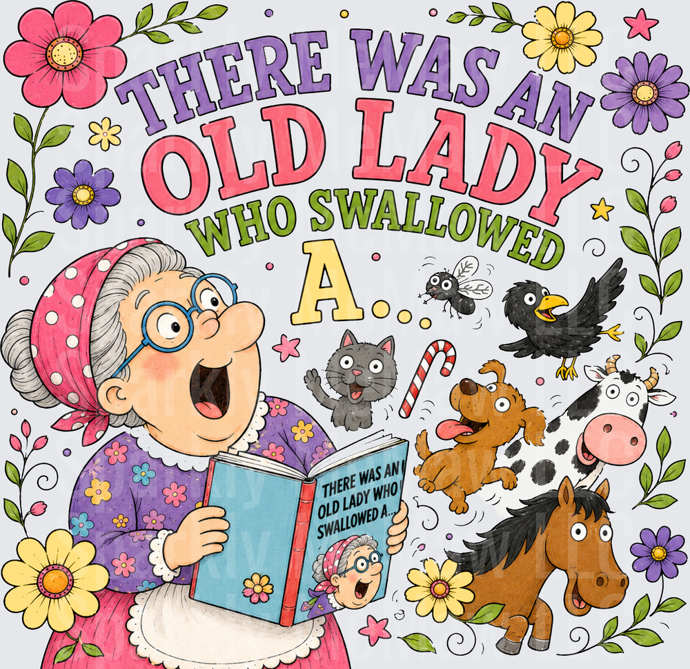There Was An Old Lady Who Swallowed A... This is a UV DTF Decal