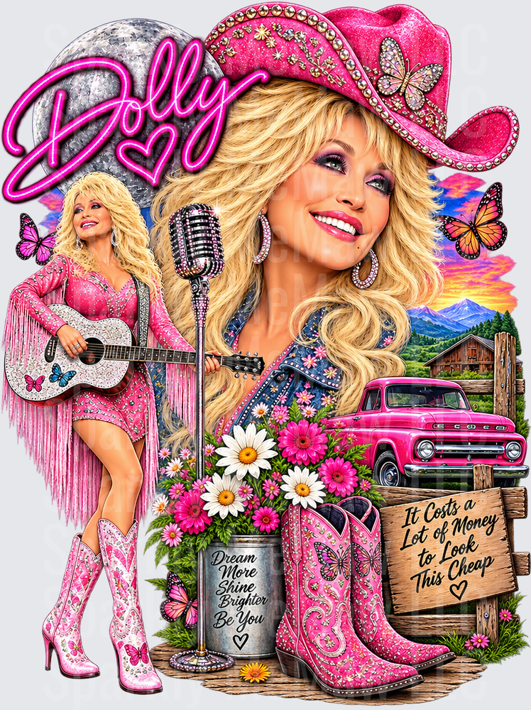 Dolly Parton Pink Cowgirl Collage is a UV DTF Decal