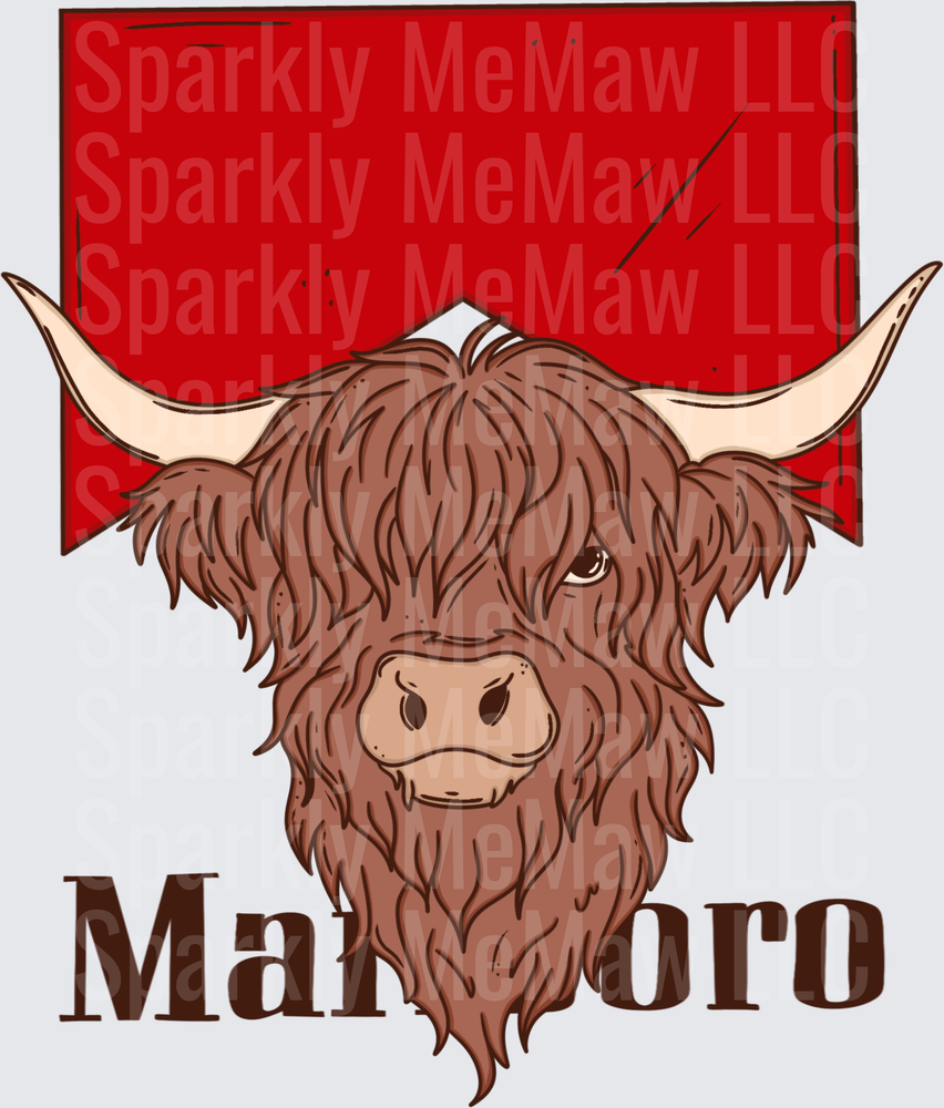 Highland Cow with Mamacorn Text on Red Background UV DTF Decal