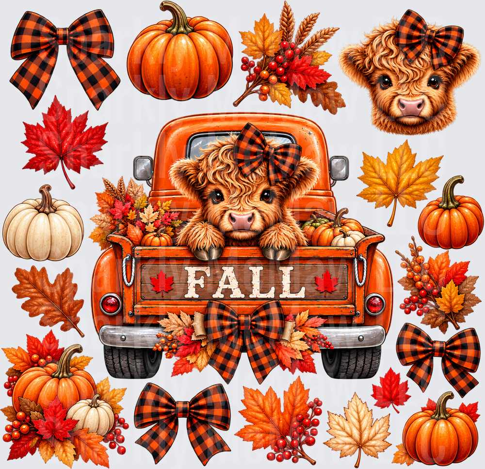 Cute Highland Cow Fall Truck Sheet – 10x10 UV DTF Full Sheet