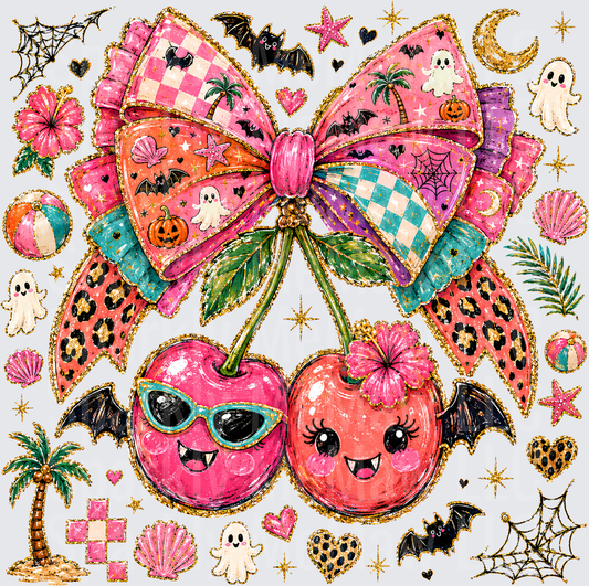 Spooky Cute Halloween Vampire Cherries with Bat Wings and Patterned Bow Tropical Halloween Mashup DTF Transfer for Fabrics