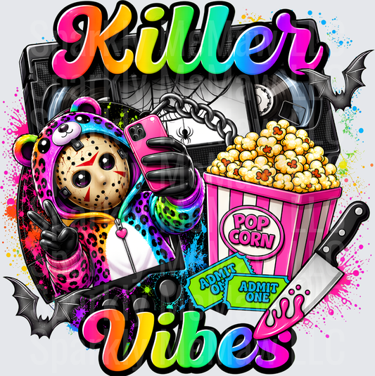 Killer Vibes Jason Voorhees Mask Leopard Hoodie Selfie Popcorn Horror Movie Night Colorful uv dtf decal