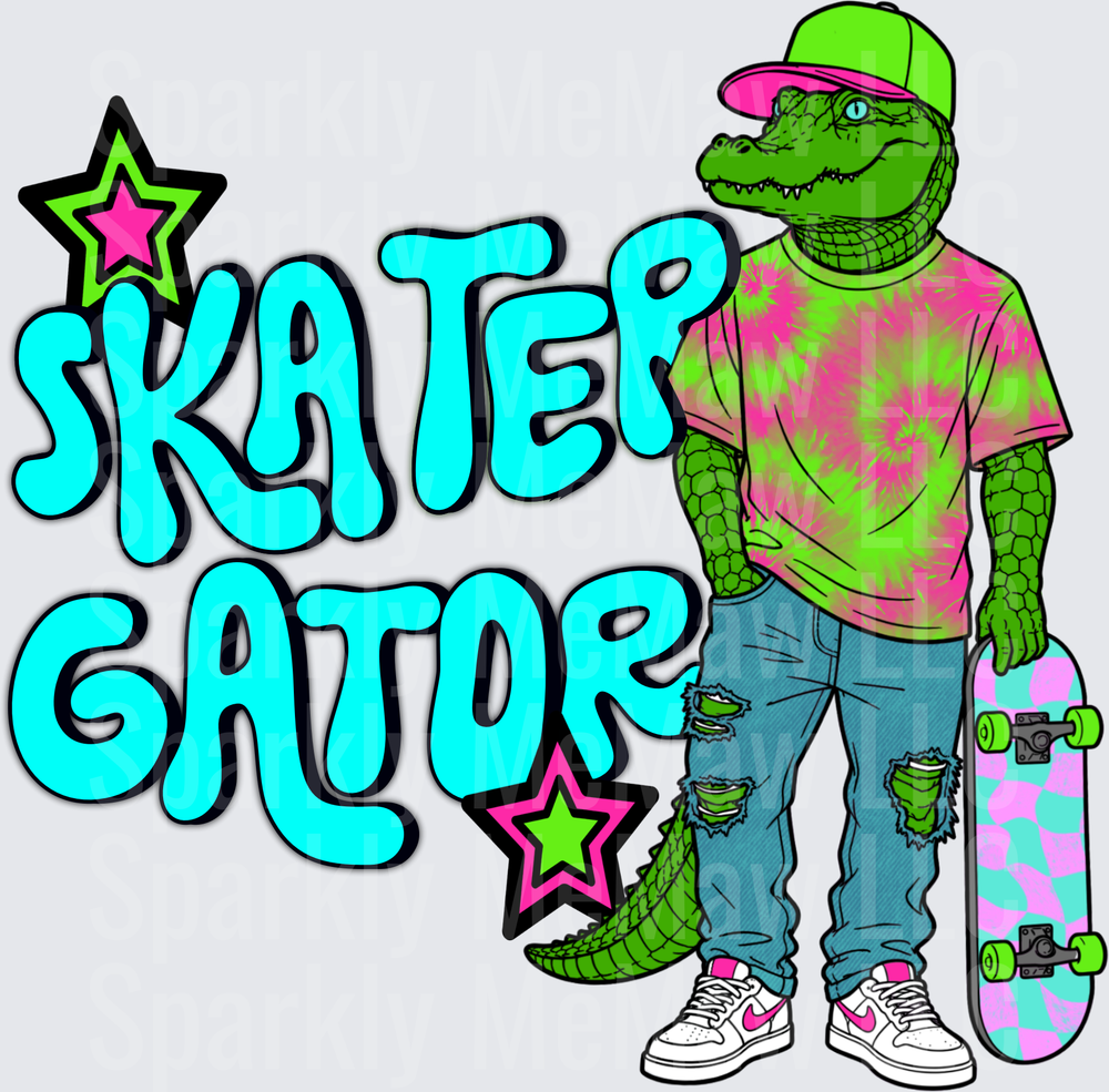Skater Gator Alligator in Tie Dye Shirt and Cap with Skateboard DTF Transfer
