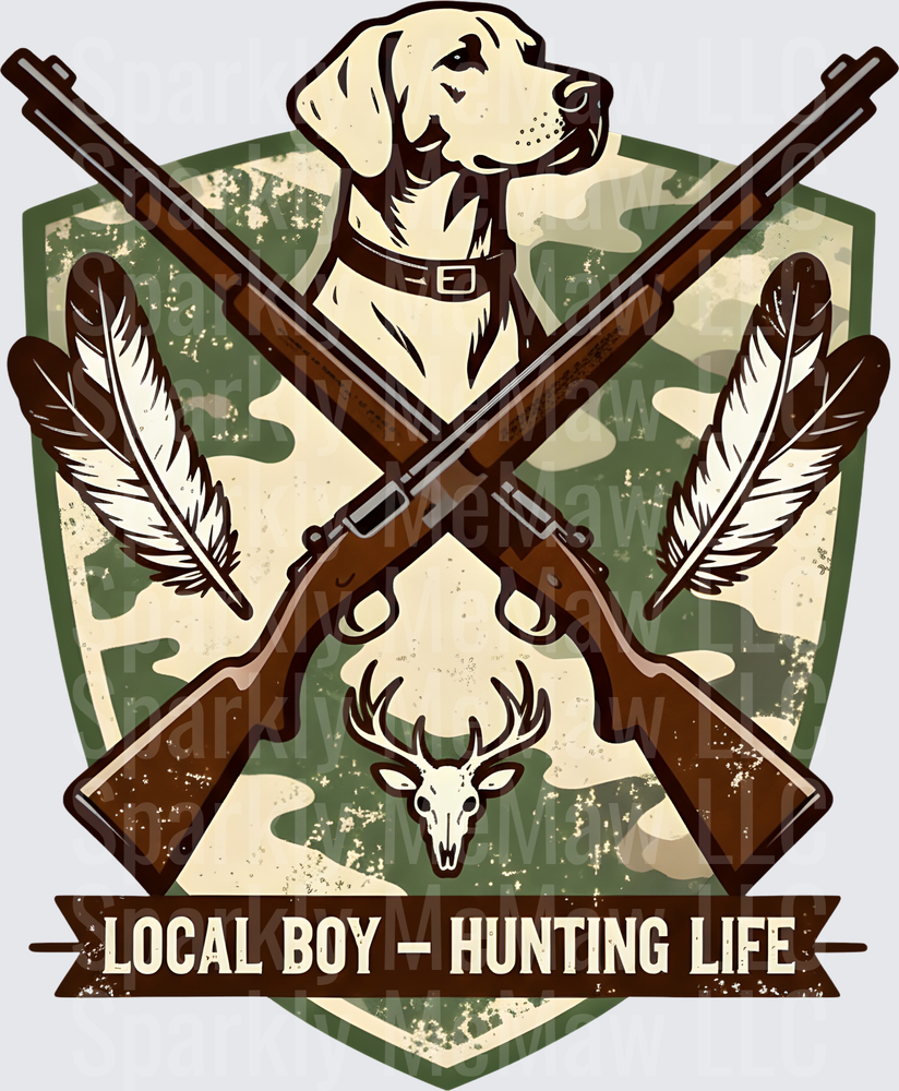 Local Boy Hunting Life Yellow Lab Crossed Rifles Deer Skull Camo Shield DTF Transfer