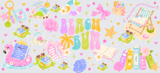 Beach Bum Summer Reading Vibes with Books Coconuts and Flamingo Float UV DTF Decal