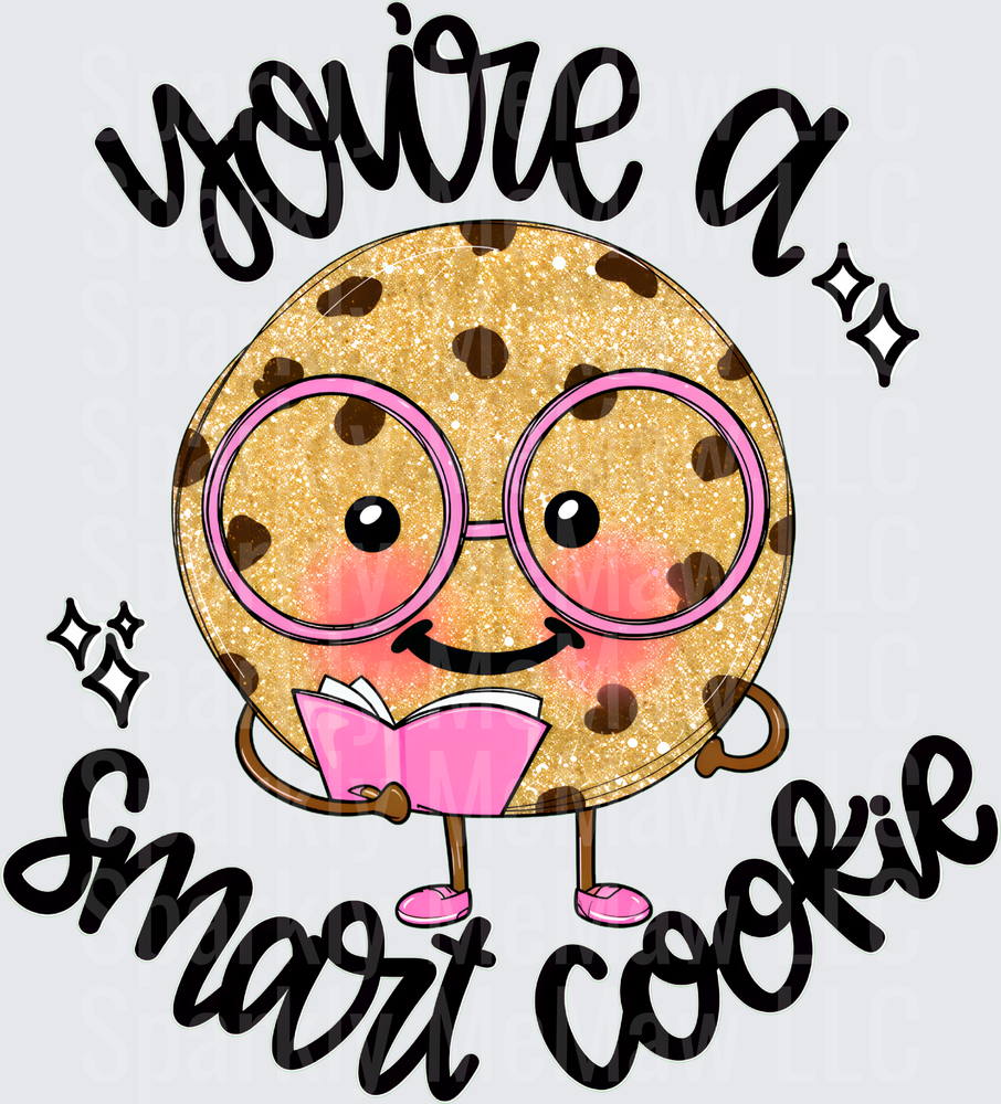 You're A Smart Cookie Cute Kawaii Chocolate Chip Cookie Reading Book with Pink Glasses UV DTF Decal