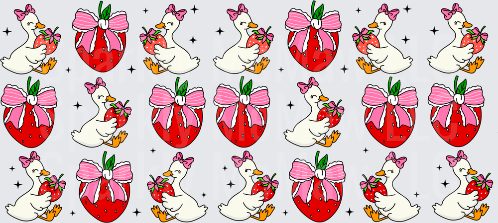 Kawaii Ducks with Strawberries and Pink Bows Pattern UV DTF 16 oz Wrap