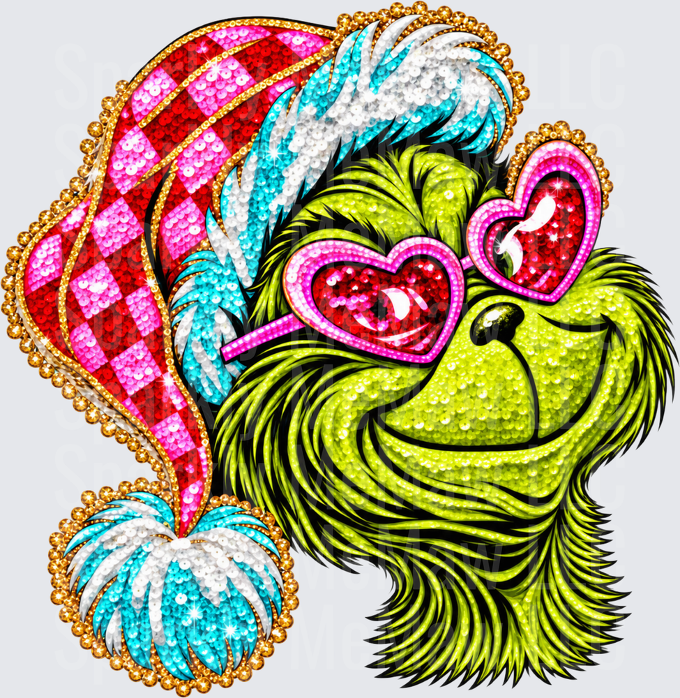 Grinch Sequin Glam Heart Sunglasses UV DTF Decal