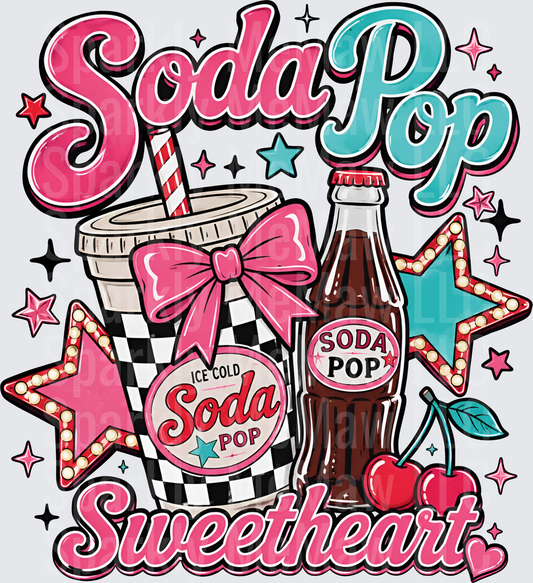 Soda Pop Sweetheart Retro Checkered Cup Pink Bow Cola Bottle Cherries Marquee Stars UV DTF Decal