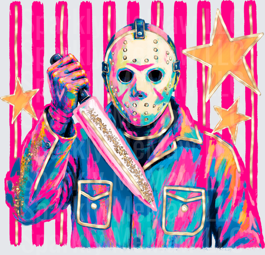 Jason Voorhees Neon Pop Art Colorful Machete Horror Icon with Stars DTF Transfer for Fabrics