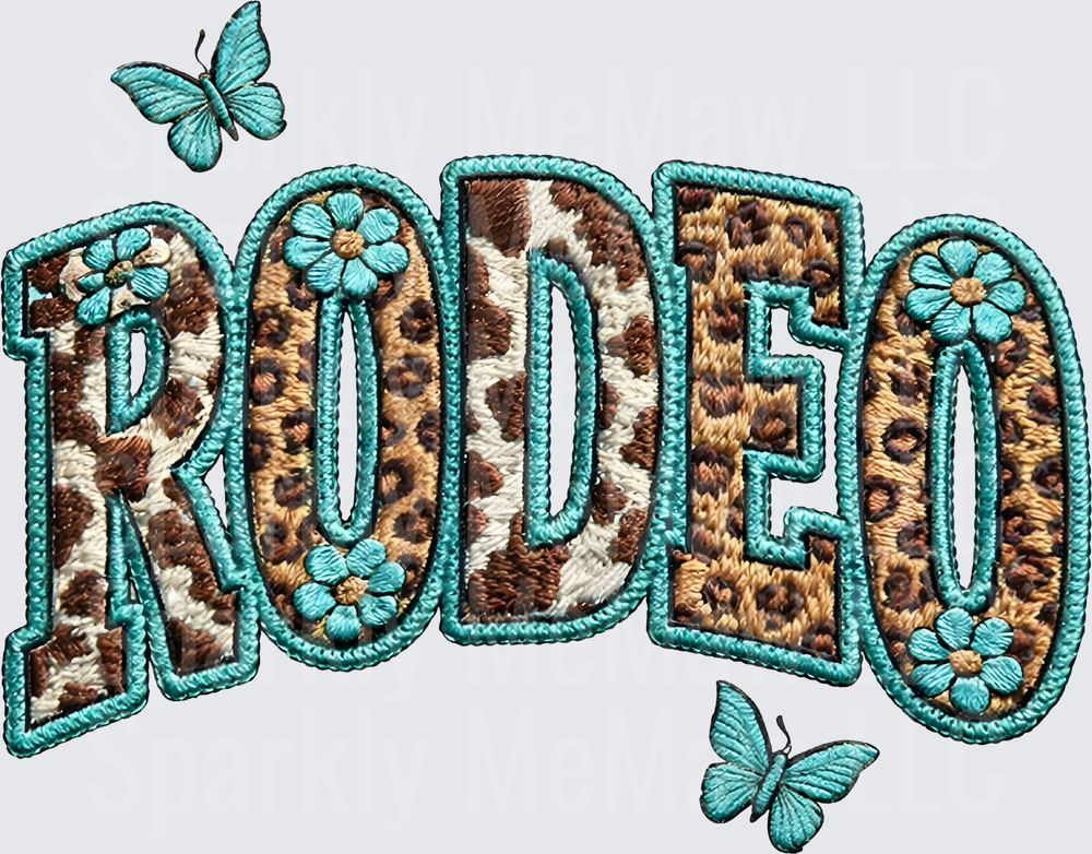 RODEO Text with Leopard Print Fill Turquoise Flowers and Butterflies UV DTF Decal