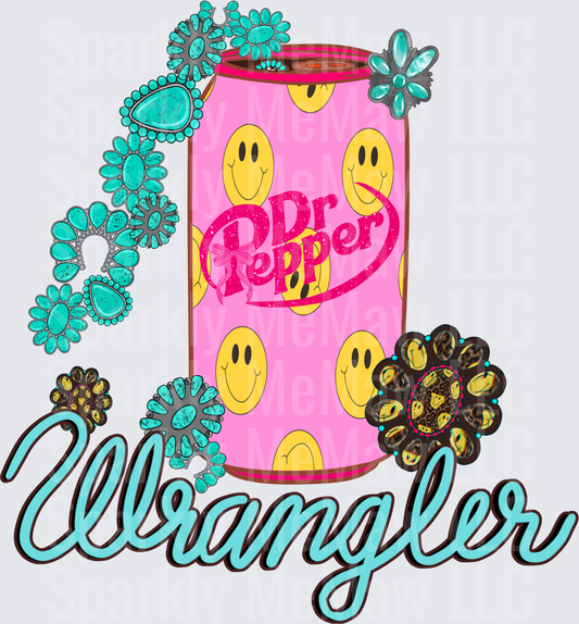 Retro Dr Pepper Can with Smiley Faces and Turquoise Flowers Glamber DTF Transfer for Fabric