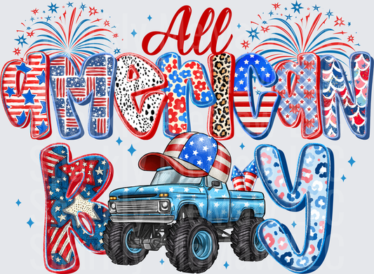 All American Boy Patriotic Monster Truck 4th of July Red White Blue Fireworks Mixed Pattern Letters UV DTF Decal