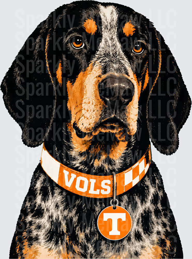 Tennessee Volunteers Smokey Bluetick Coonhound Portrait with VOLS Collar and Power T Tag DTF Transfer for fabrics