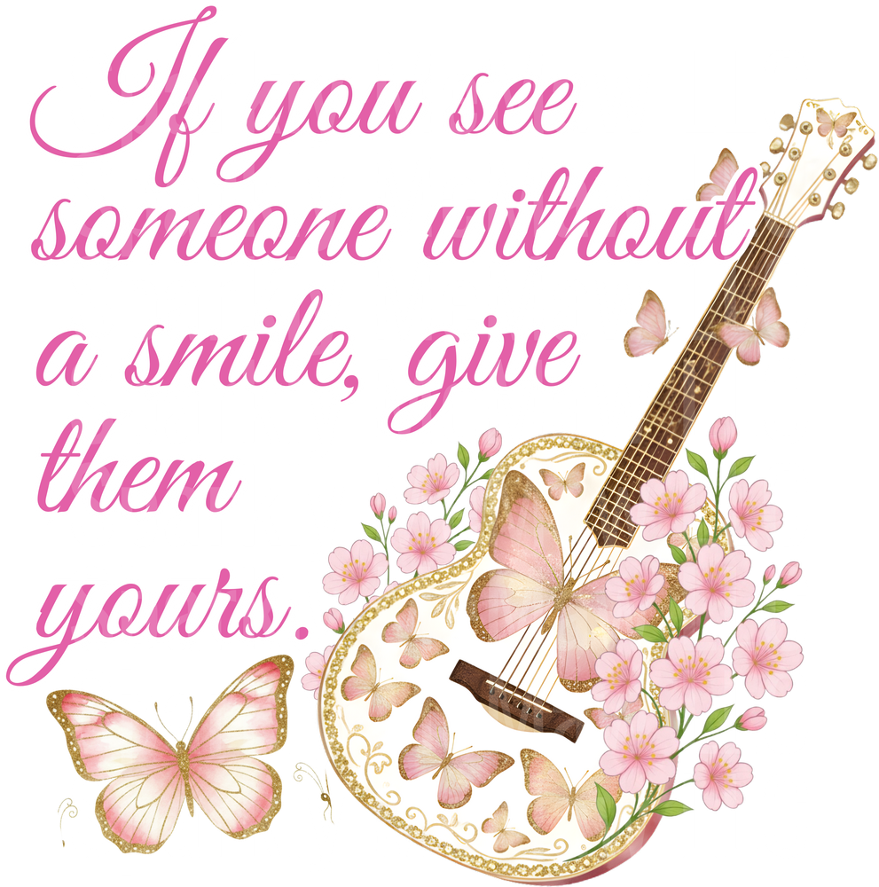 Guitar with Pink Butterflies and Flowers Inspirational Quote UV DTF Decal