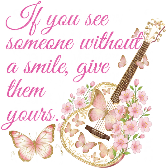 Guitar with Pink Butterflies and Flowers Inspirational Quote UV DTF Decal