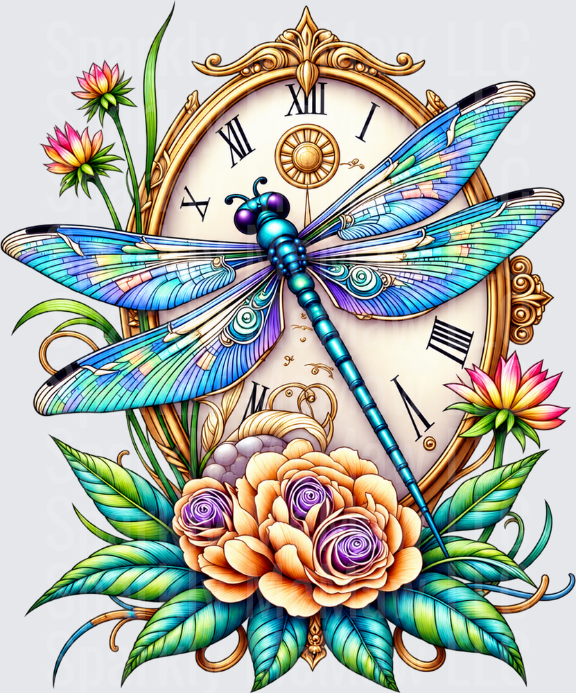 Dragonfly Clock Floral DTF Transfer for Fabrics